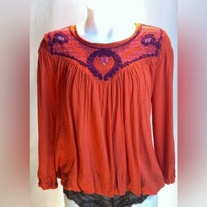 Free People Vibrant Orange Blouse with Deep Purple Details